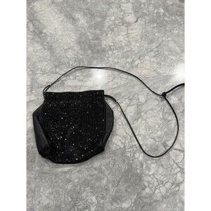 WHITING AND DAVIS BLACK METAL MESH & LEATHER EVENING BAG With Strap